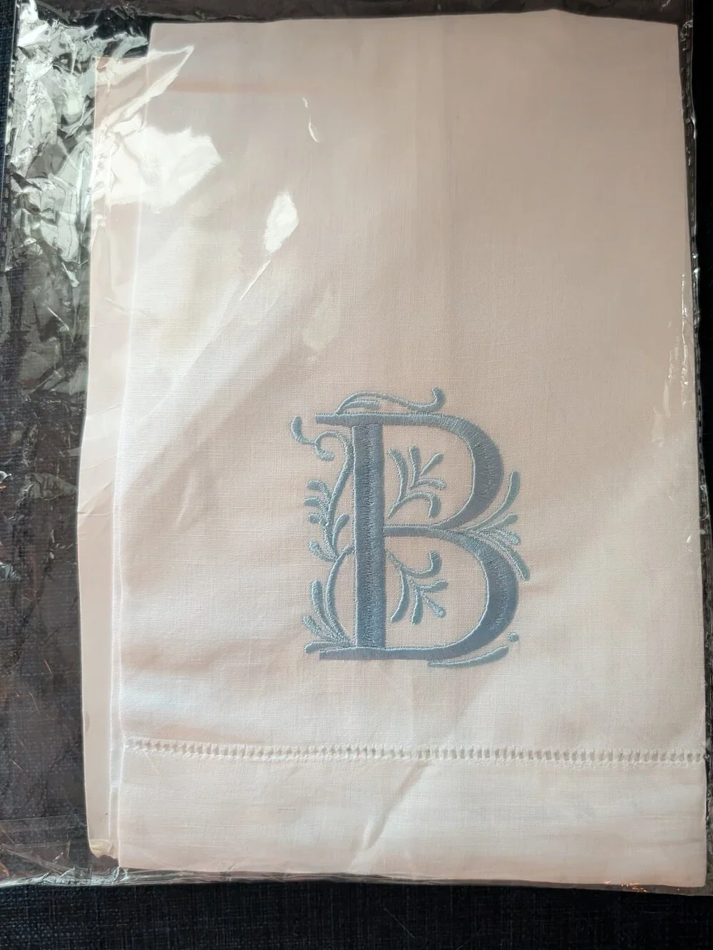 White Cotton Tea Towel with Light Blue Embroidered 'B' Monogram